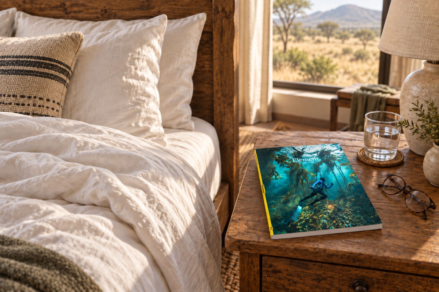 A copy of Element on a bedside table